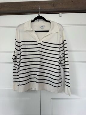 croft & barrow White and Black Striped Collared V-Neck Sweater